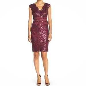 TADASHI SHOJI Marsala Paillette Embroidered Sequin Lace Banded Waist Dress - 12